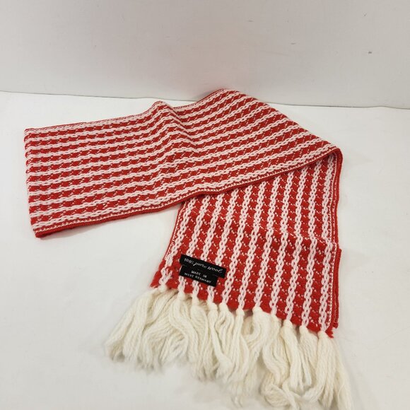 Vintage Wool Knit Red White Striped Scarf West Germany Candy Cane Fringed - Picture 1 of 7